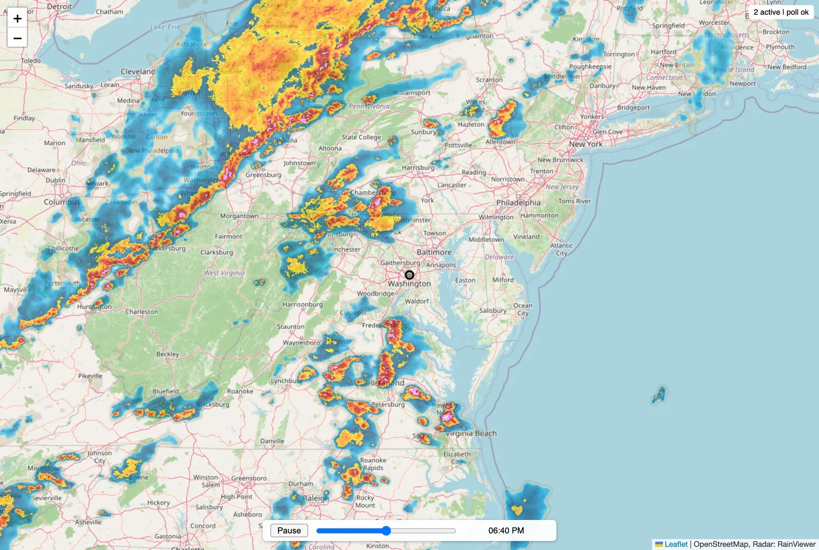 Stormward dashboard showing an animated NEXRAD radar loop centered on a watch point, with active National Weather Service warning polygons